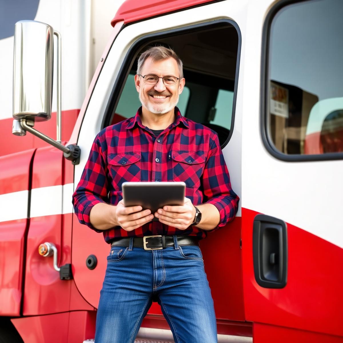Contracted driver with tablet next to his truck cab
