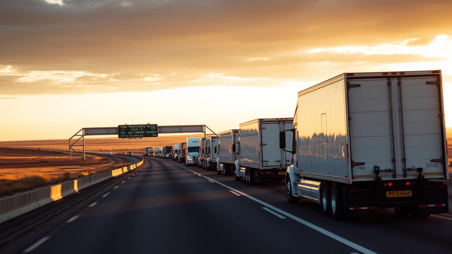 Truckload fleet on an Oklahoma interstate at sunset